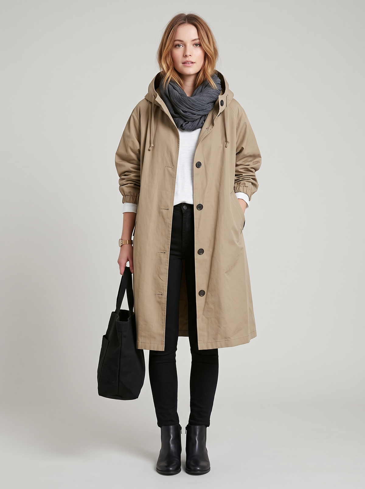 Oversized Hooded Long Trench Coat with Drawstring Collar in Khaki