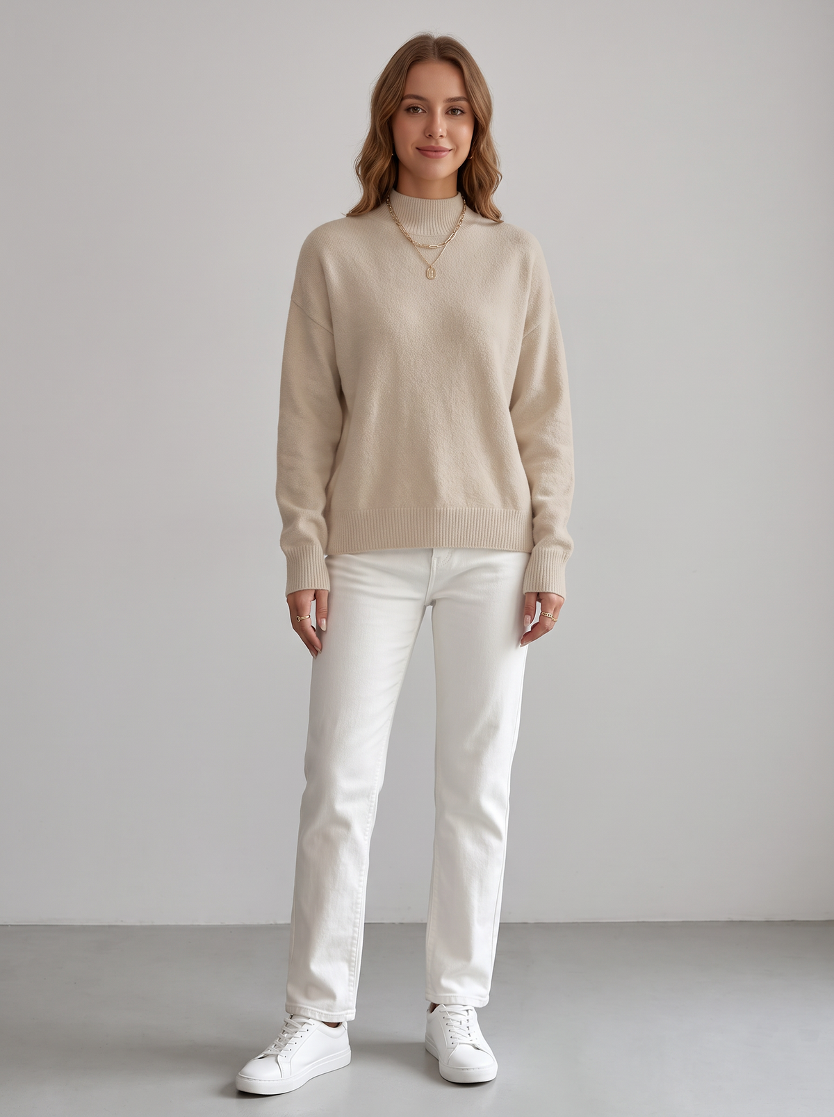 Relaxed Mock Neck Jumper with Ribbed Cuffs in Beige