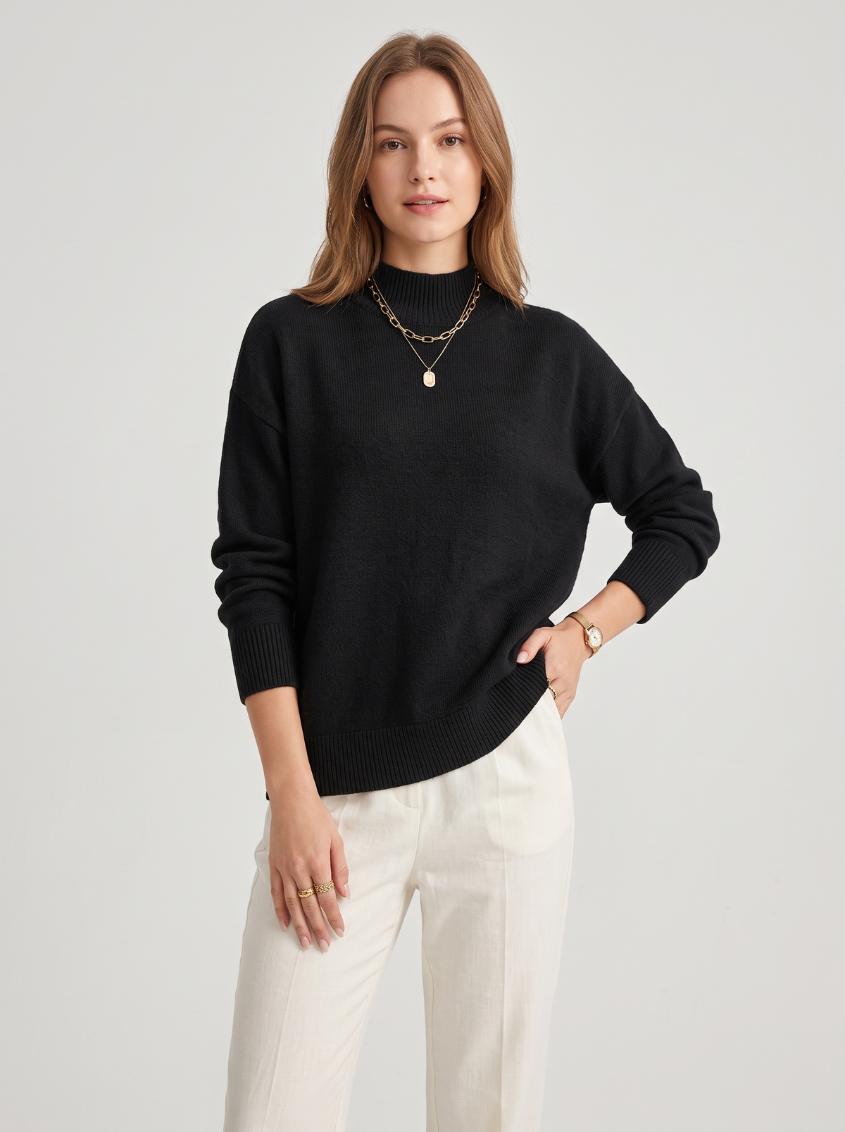 Relaxed Mock Neck Jumper with Ribbed Cuffs in Black