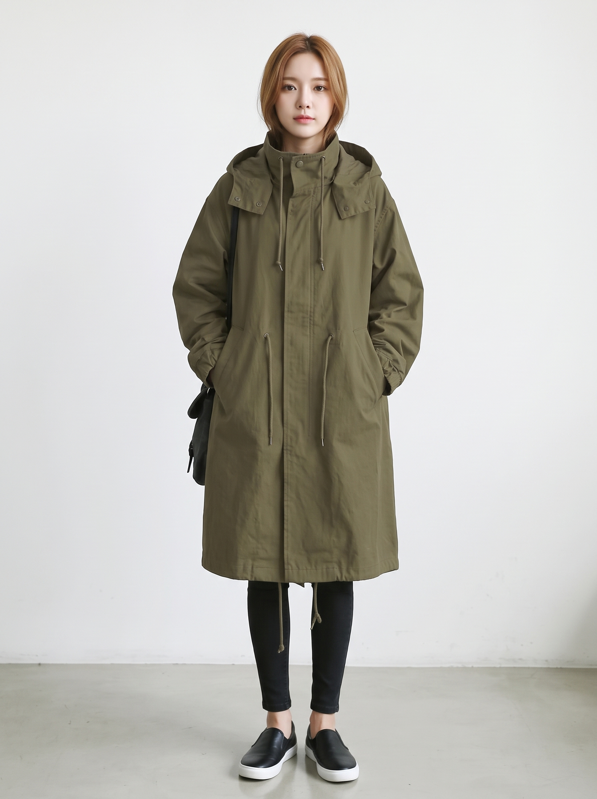 Oversized Hooded Long Trench Coat with Drawstring Collar in Olive Green
