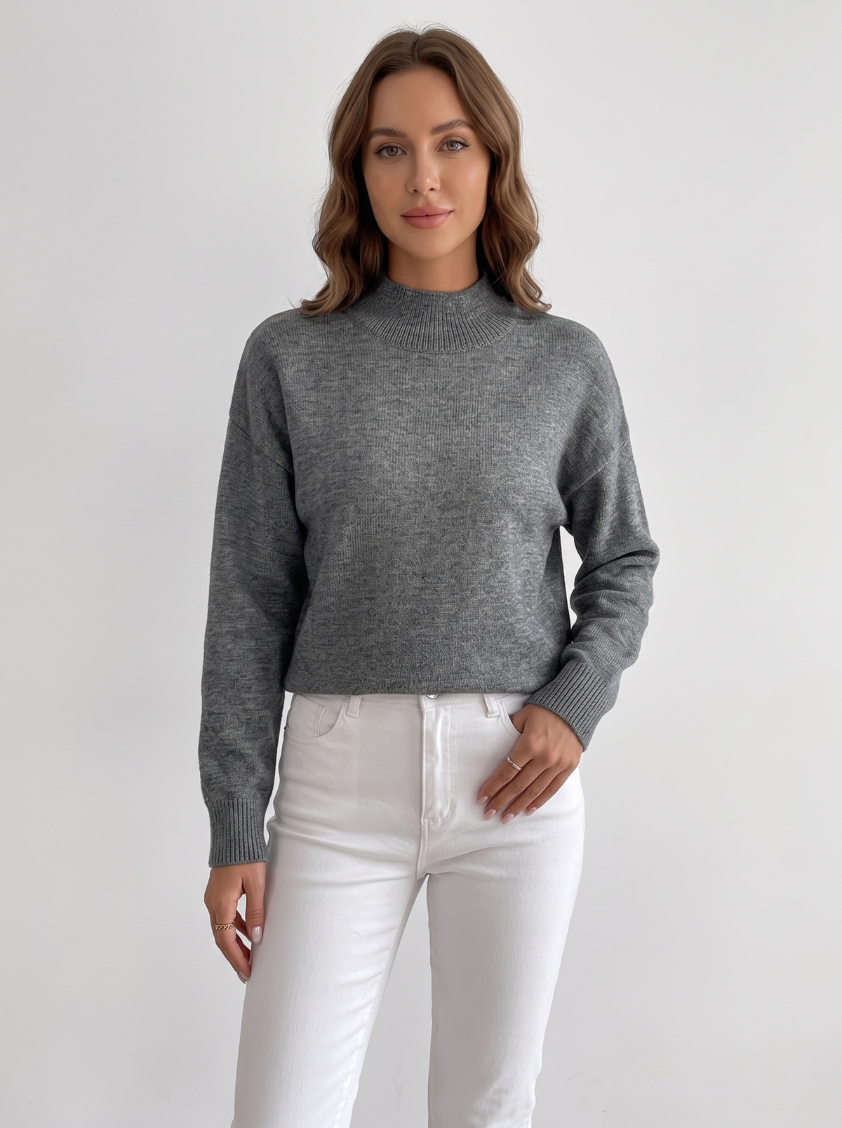 Relaxed Mock Neck Jumper with Ribbed Cuffs in Dark Grey