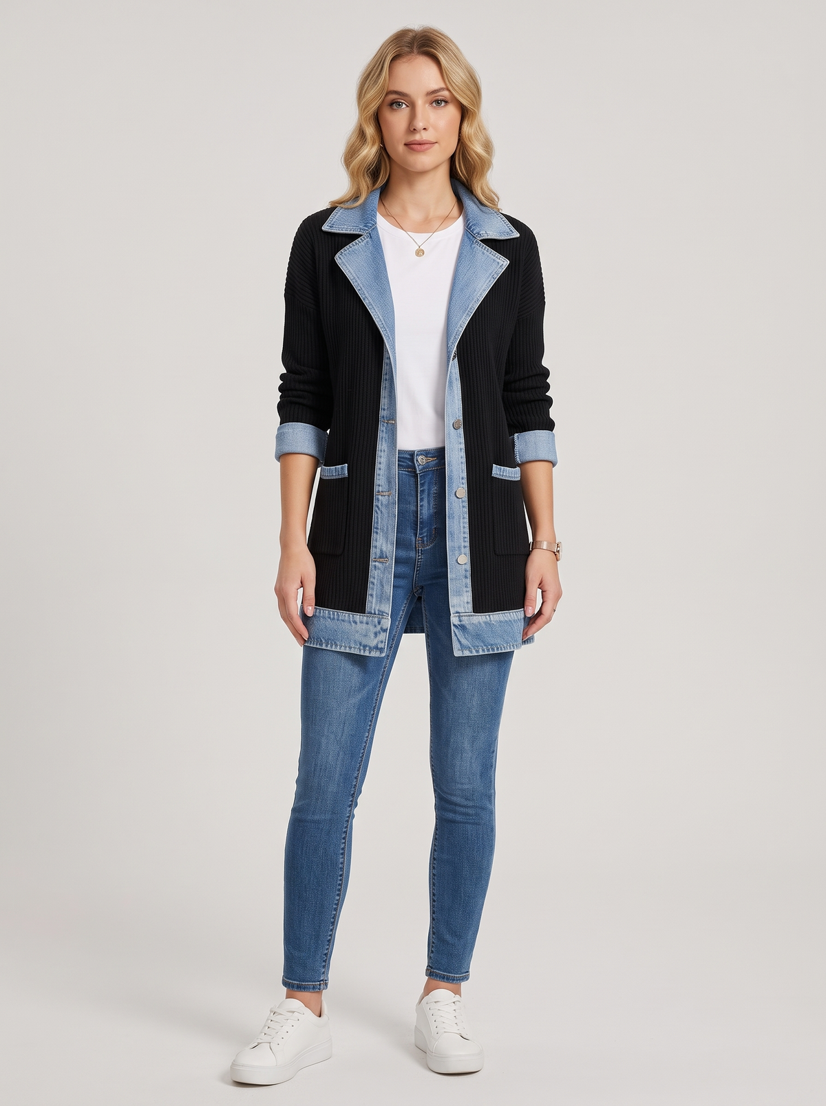 Ribbed Knit Cardigan Jacket with Denim Collar in Black