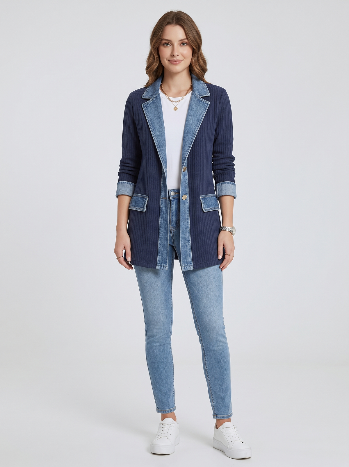 Ribbed Knit Cardigan Jacket with Denim Collar in Navy Blue