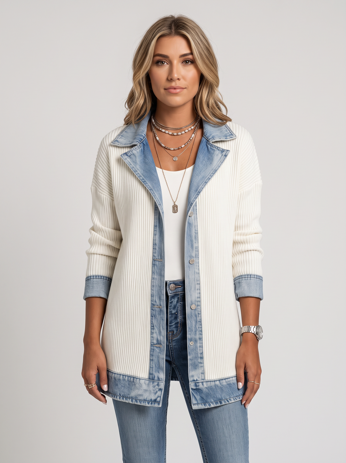 Ribbed Knit Cardigan Jacket with Denim Collar in White