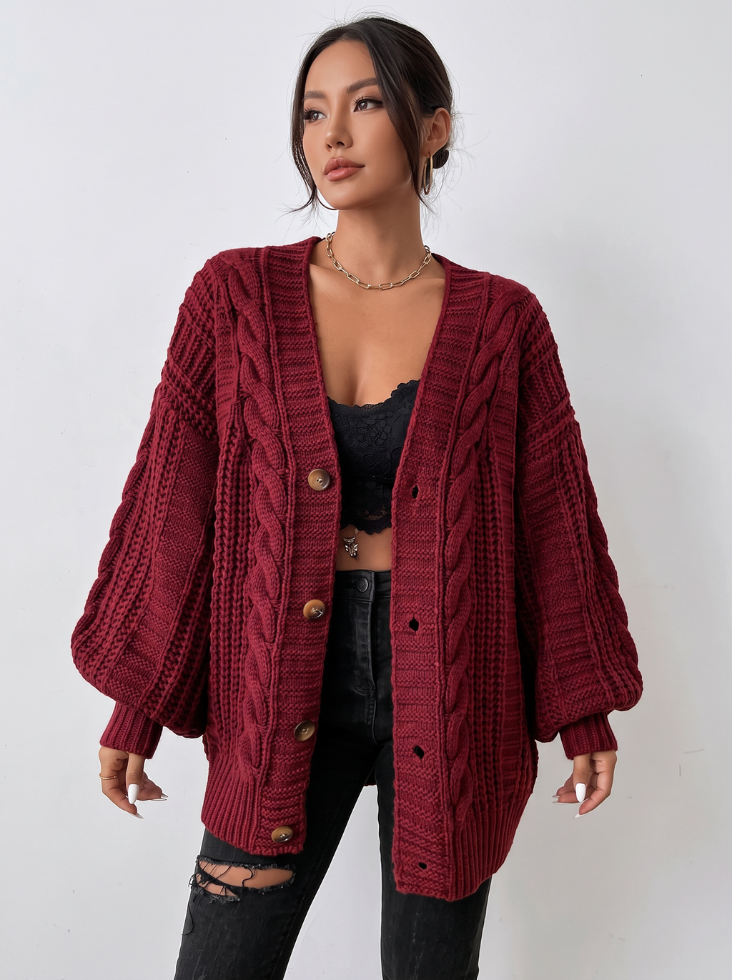 Chunky Cable Knit Cardigan with Balloon Sleeves in Burgundy