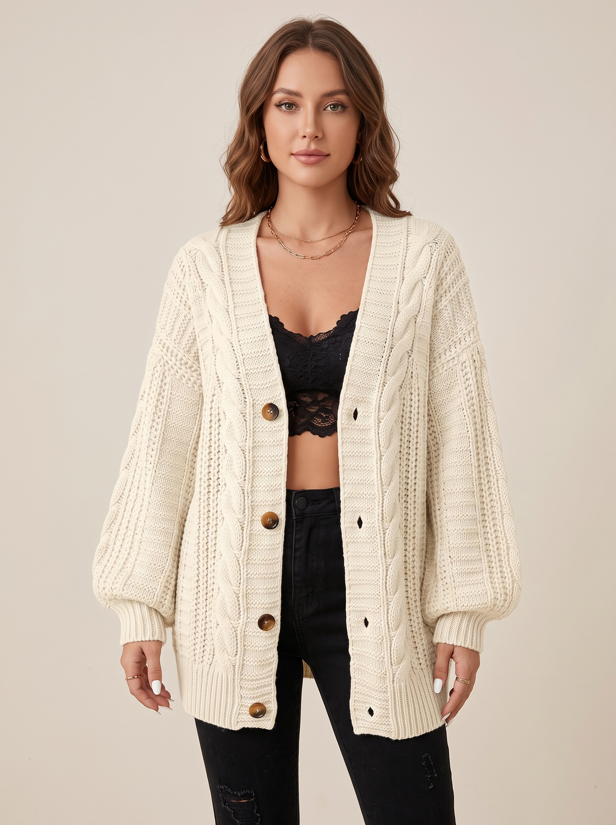 Chunky Cable Knit Cardigan with Balloon Sleeves in Cream