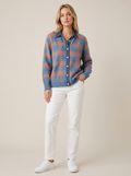 Oversized Check Knit Cardigan with Shirt Collar in Blue