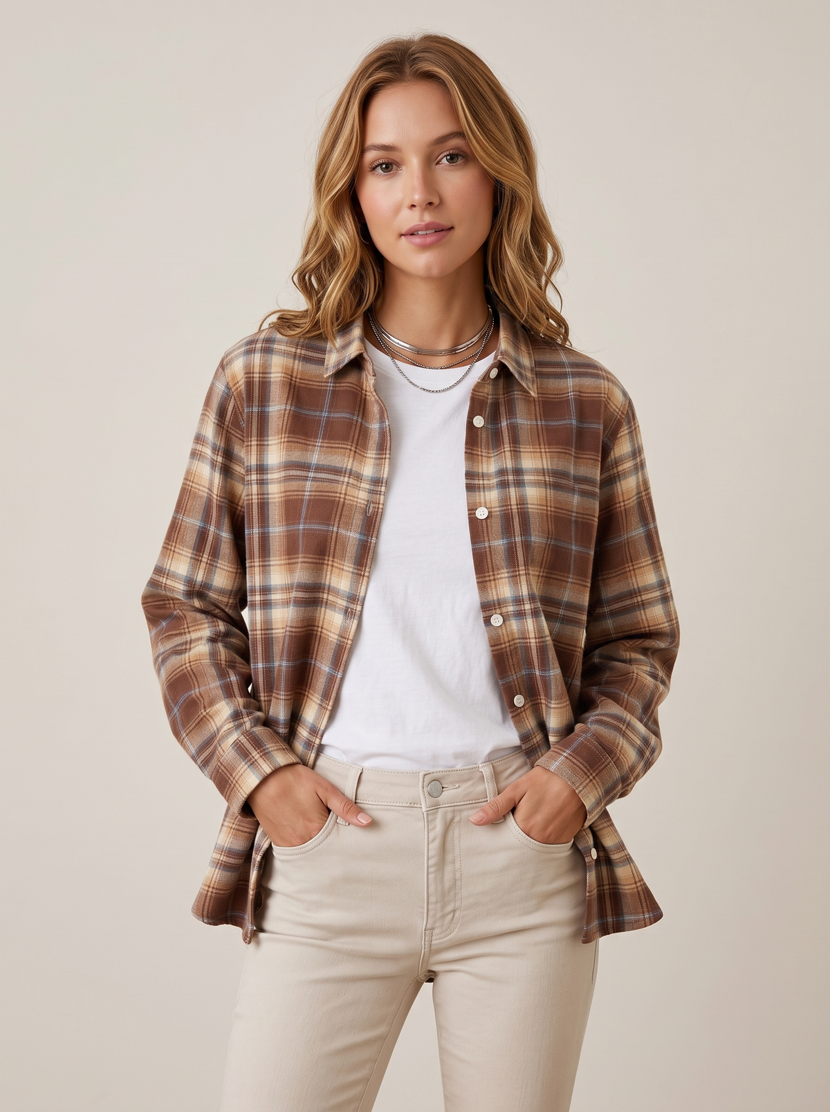 Oversized Check Knit Cardigan with Shirt Collar in Brown