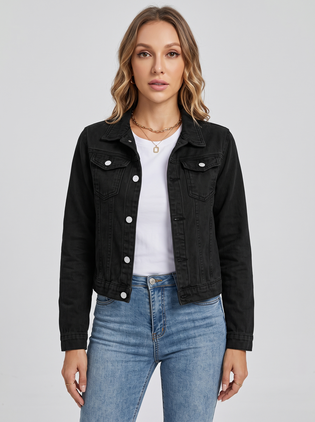 Cropped Denim Jacket with Chest Pockets in Black