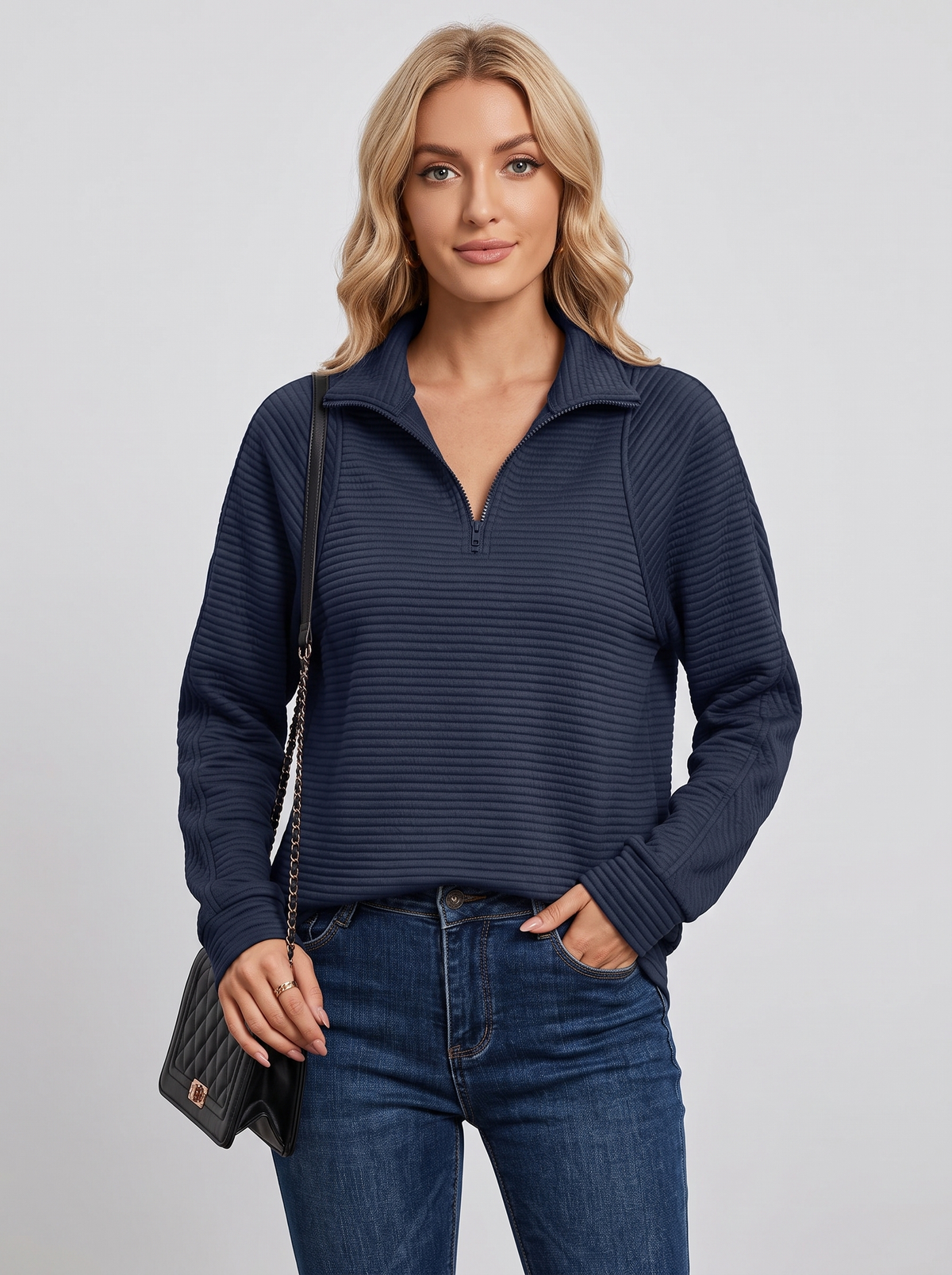 Ribbed Half-Zip Sweatshirt with Stand Collar in Navy Blue