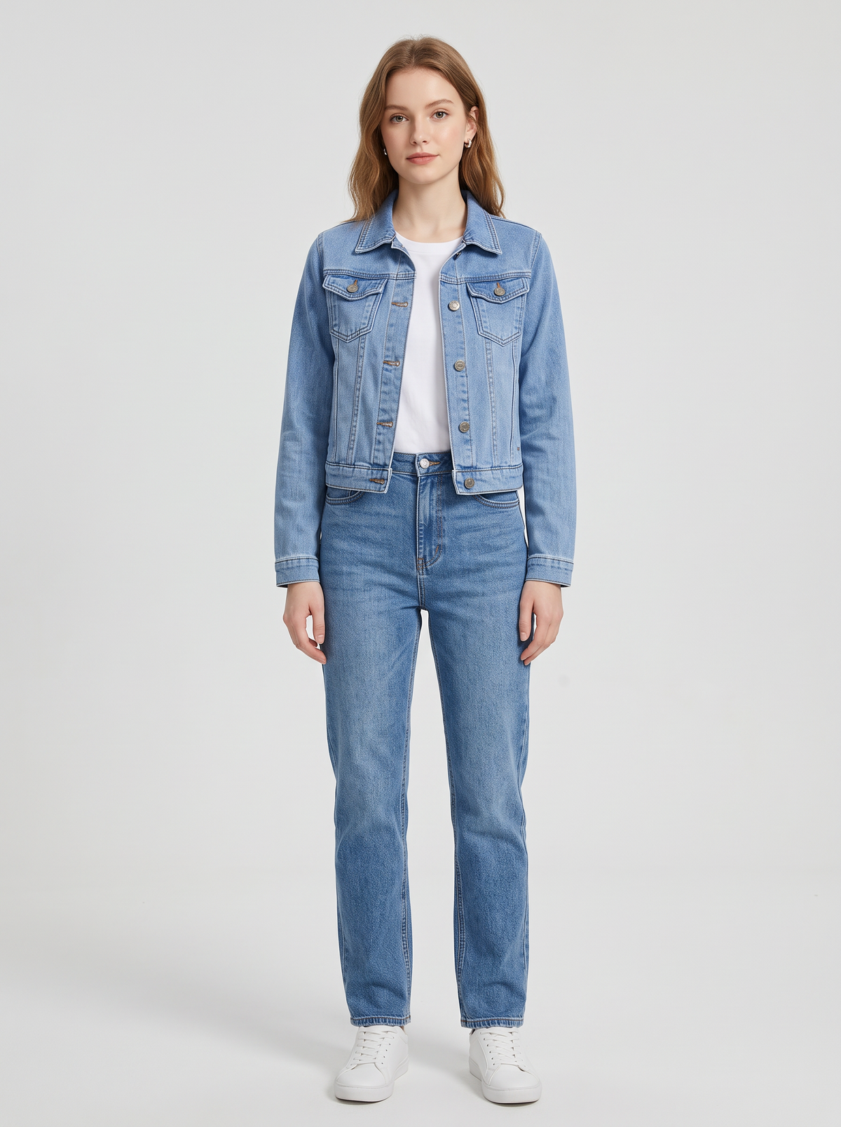 Cropped Denim Jacket with Chest Pockets in Light Blue