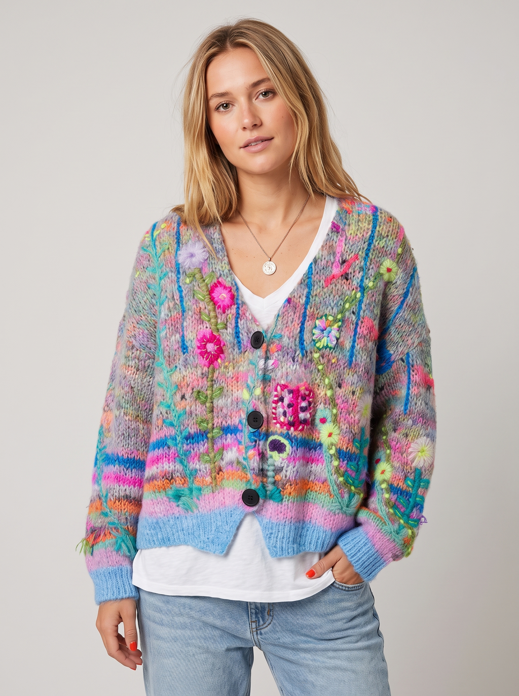 Floral Embroidered Knit Cardigan with V-Neck in Blue