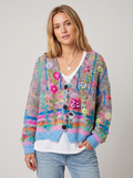 Floral Embroidered Knit Cardigan with V-Neck in Blue