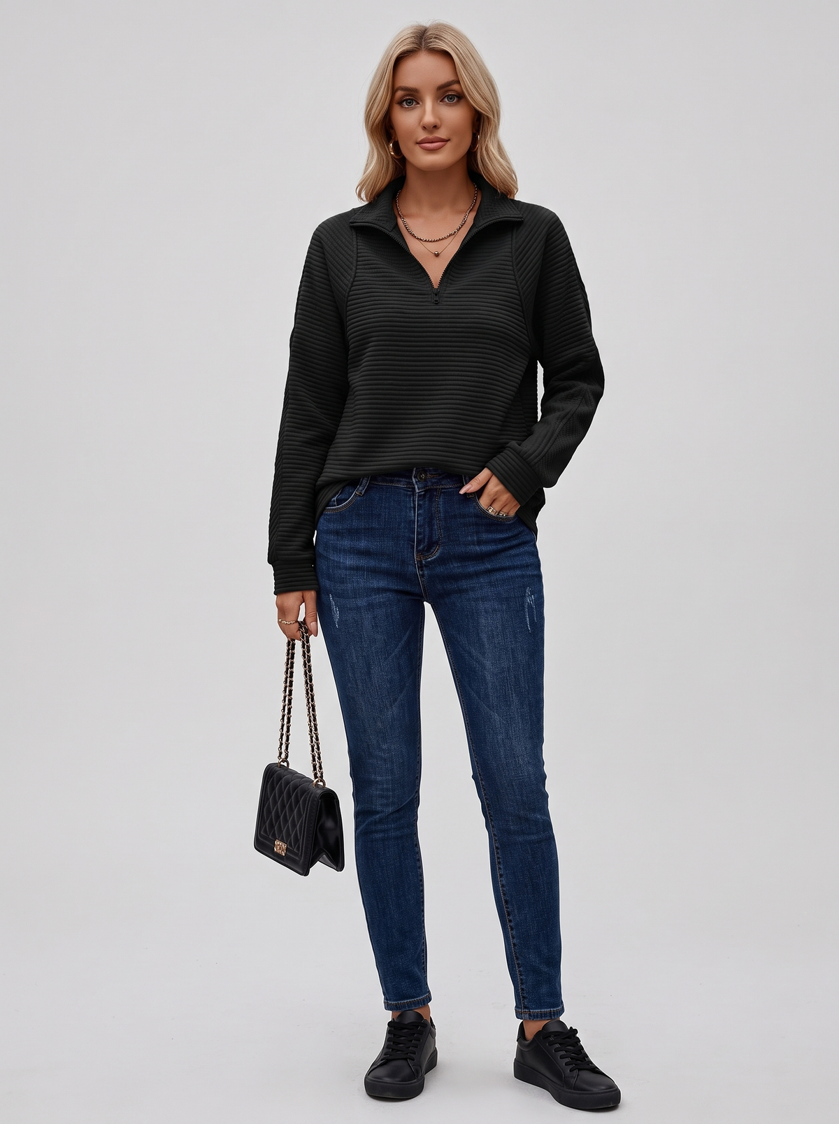 Ribbed Half-Zip Sweatshirt with Stand Collar in Black