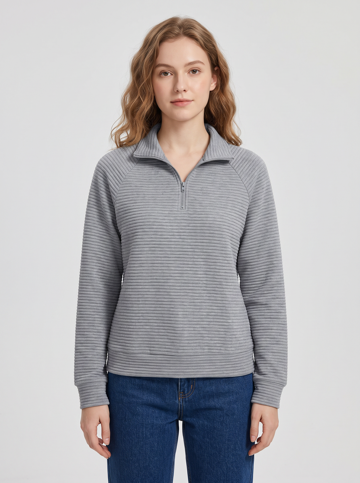 Ribbed Half-Zip Sweatshirt with Stand Collar in Grey