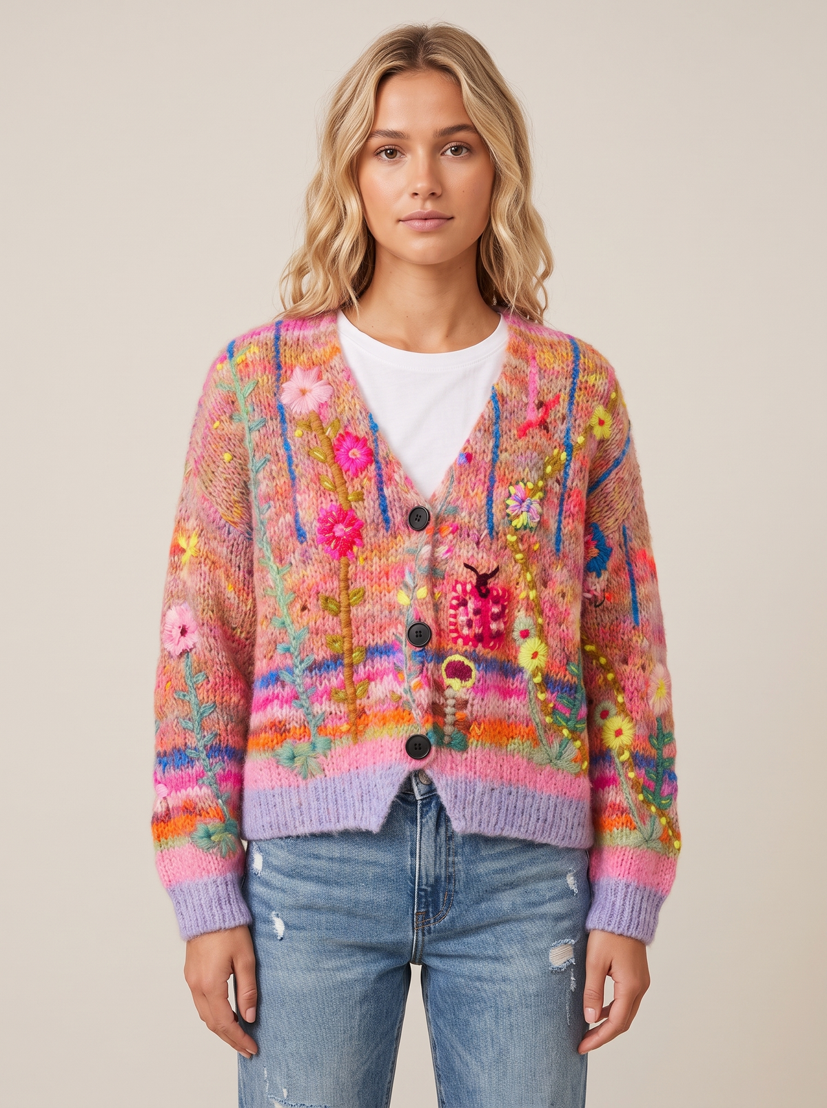 Floral Embroidered Knit Cardigan with V-Neck in Red