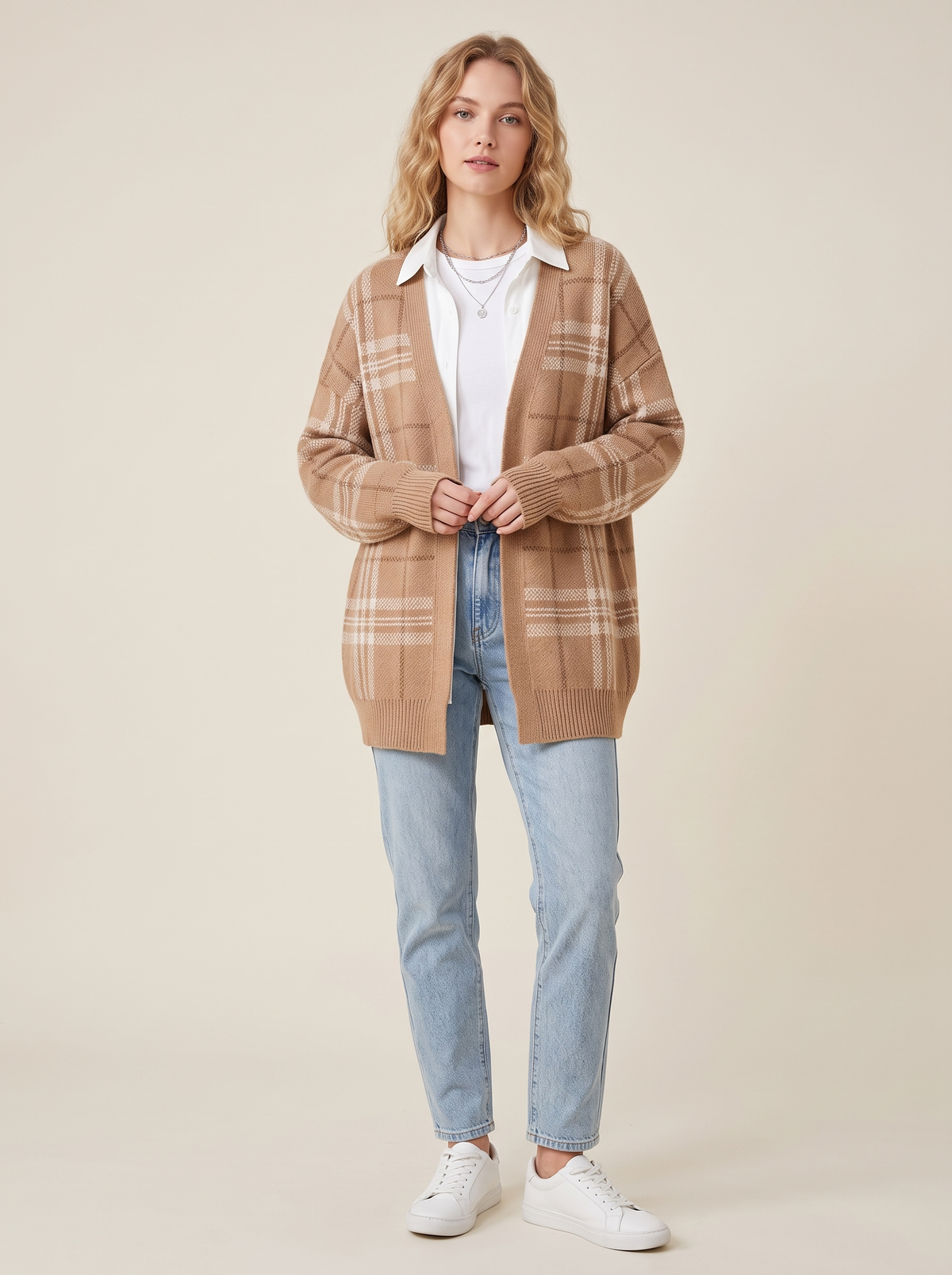 Oversized Check Knit Cardigan with Shirt Collar in Light Brown