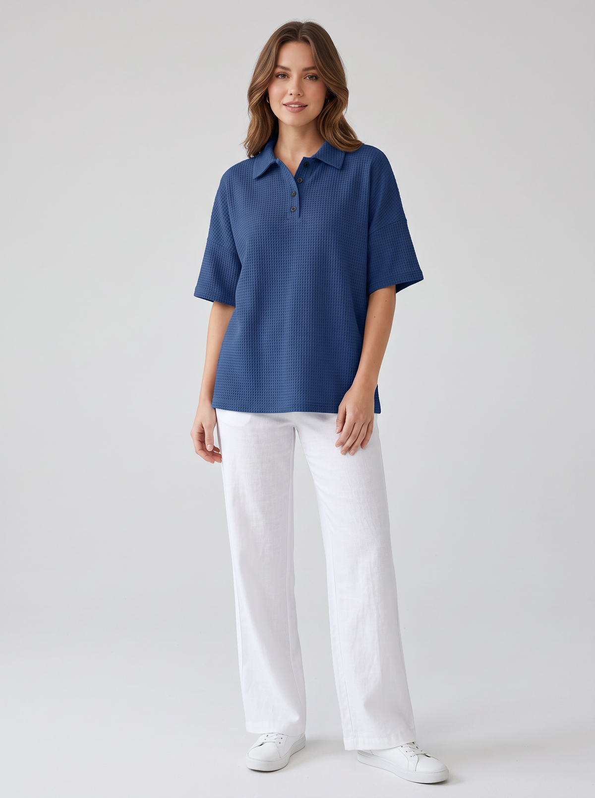 Waffle Knit Polo Top with Button Placket in Dark Blue