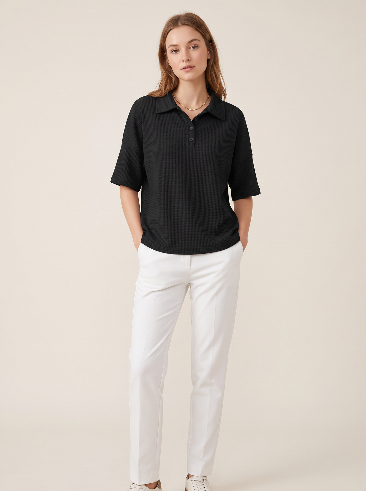 Waffle Knit Polo Top with Button Placket in Black