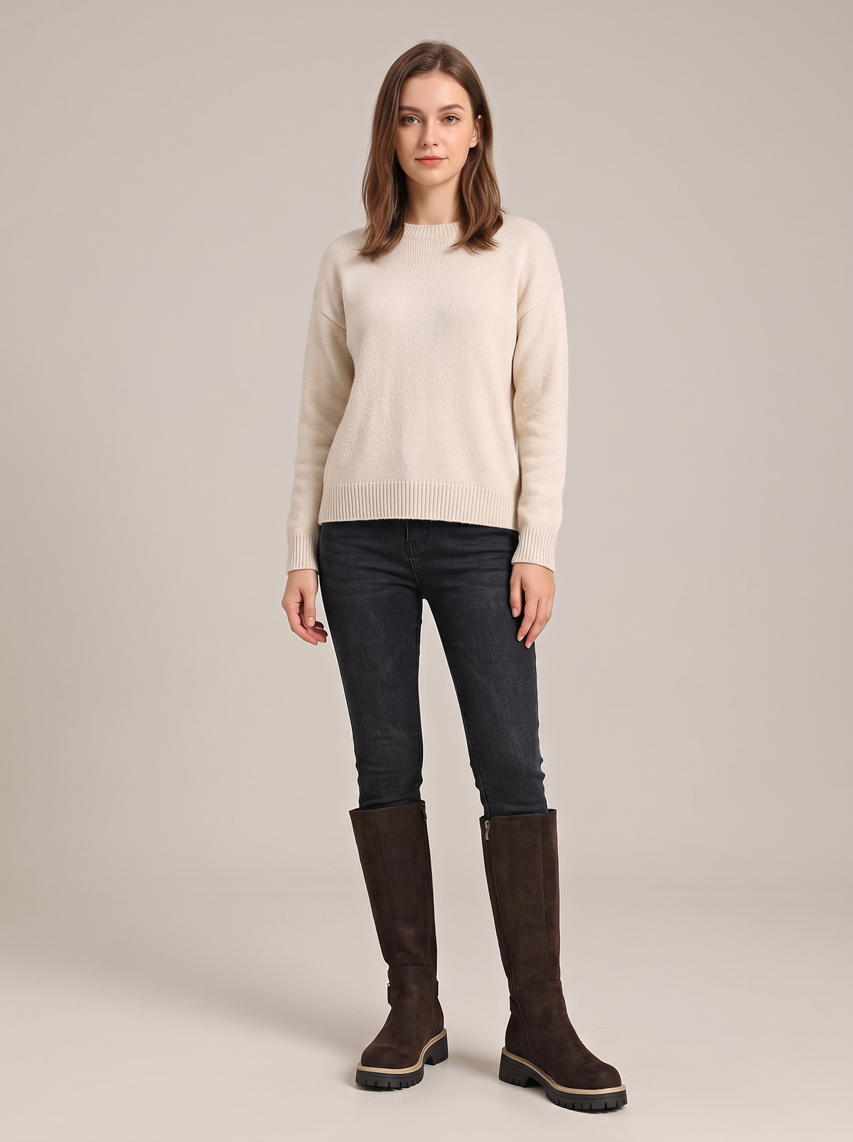 Flat Knee-High Suede-Look Boots with Lug Sole in Coffee