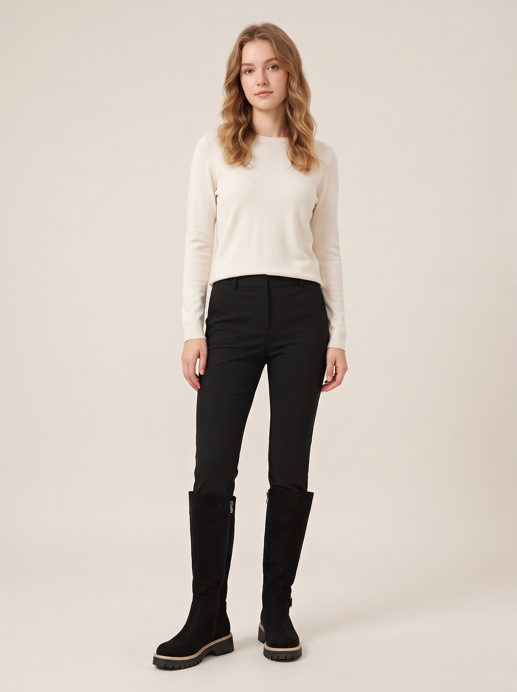 Flat Knee-High Suede-Look Boots with Lug Sole in Black