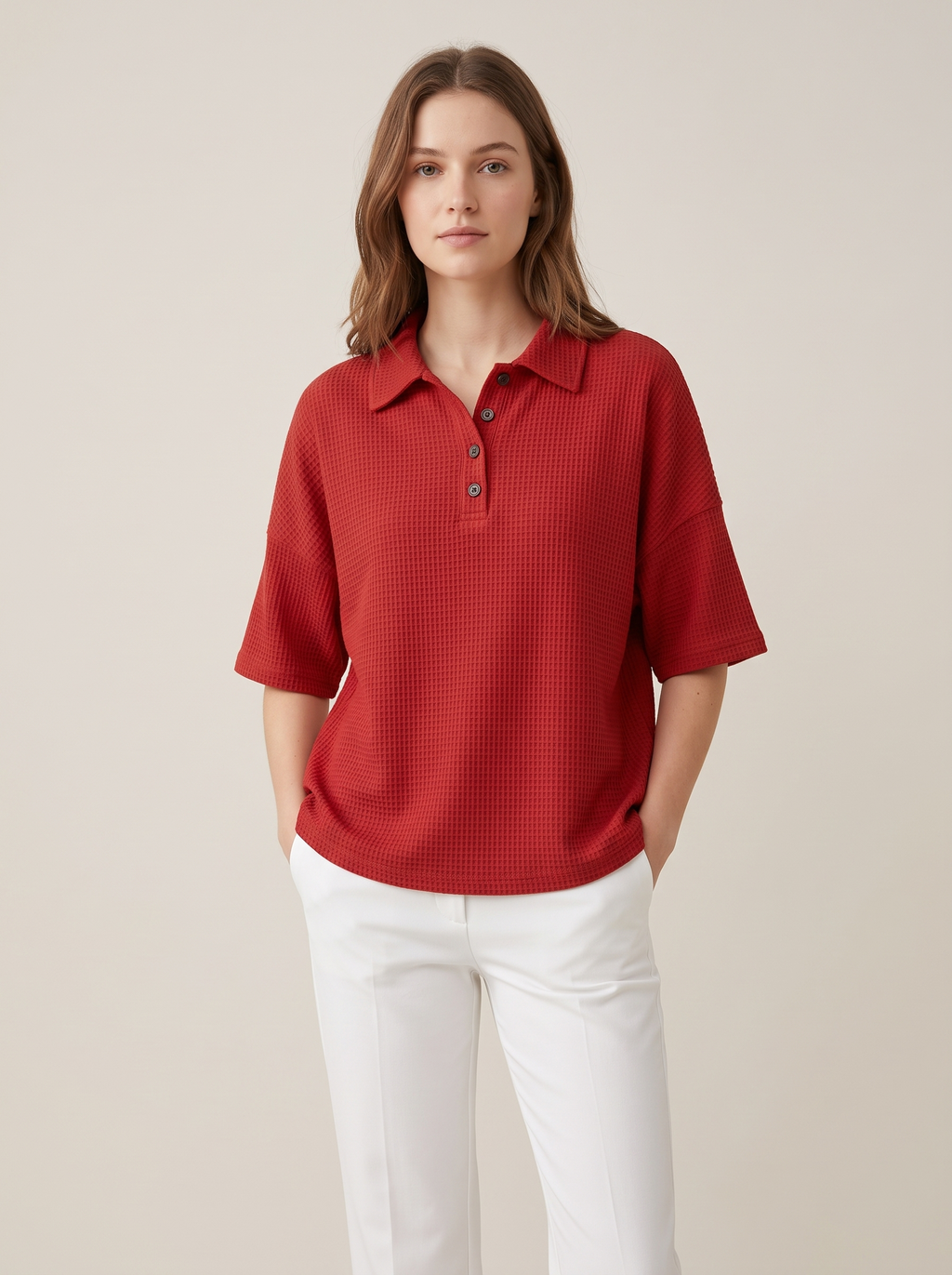 Waffle Knit Polo Top with Button Placket in Red