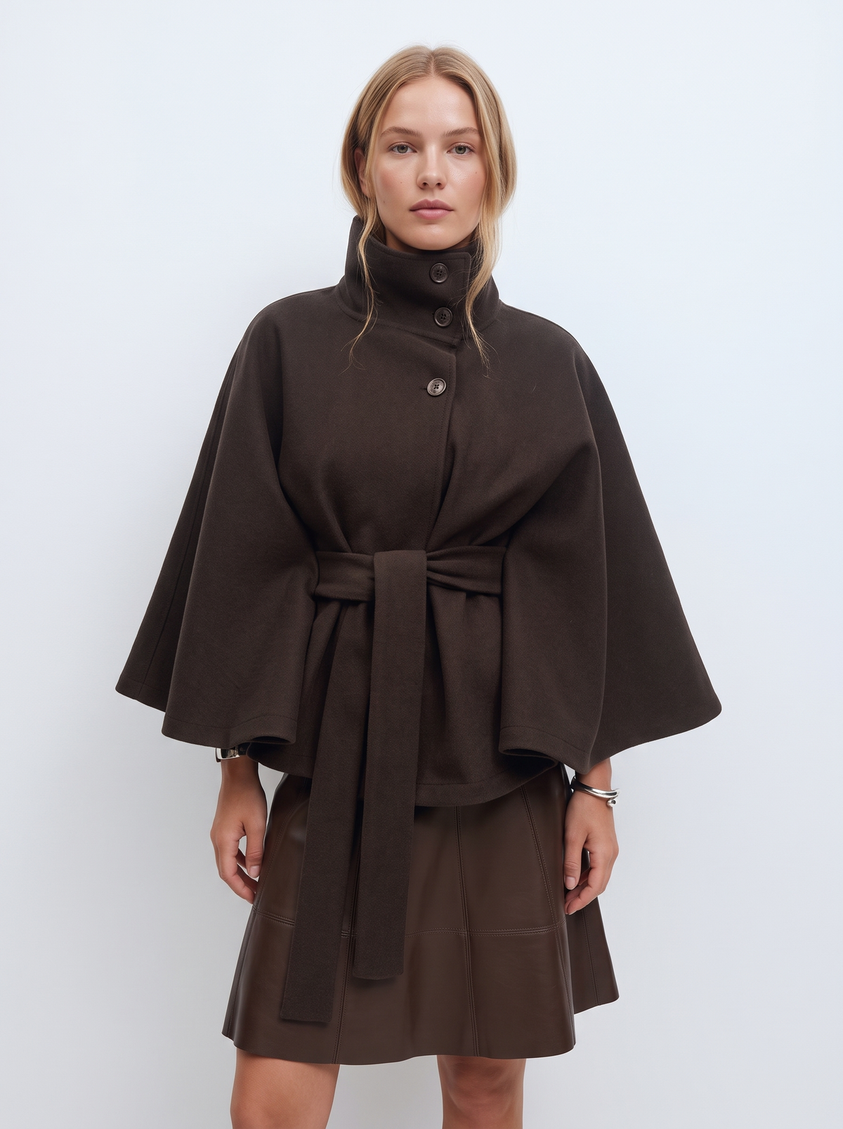 Belted Cape Coat with Stand Collar in Brown