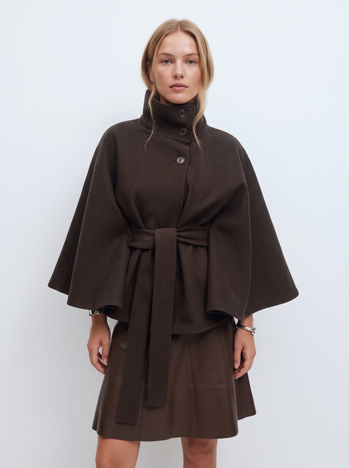 Belted Cape Coat with Stand Collar in Brown