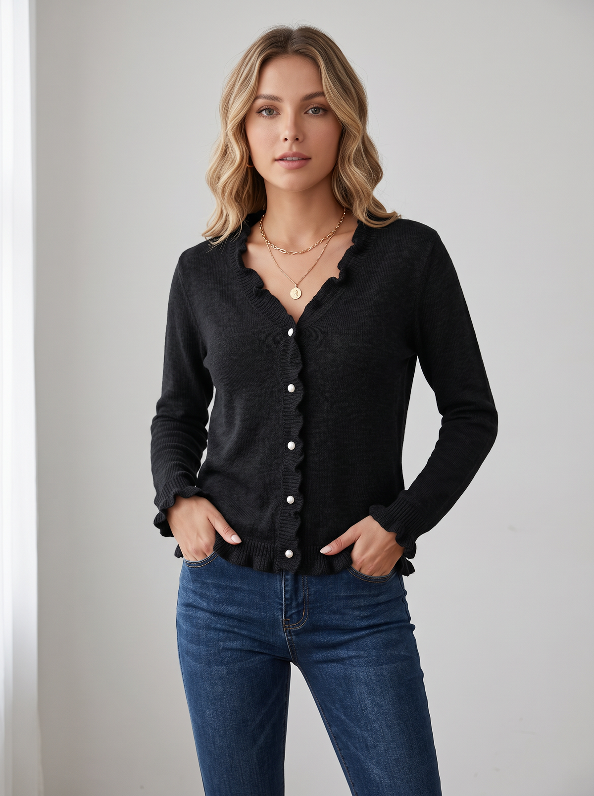 Fine Knit Cardigan with Frill Trim and V-Neck in Black
