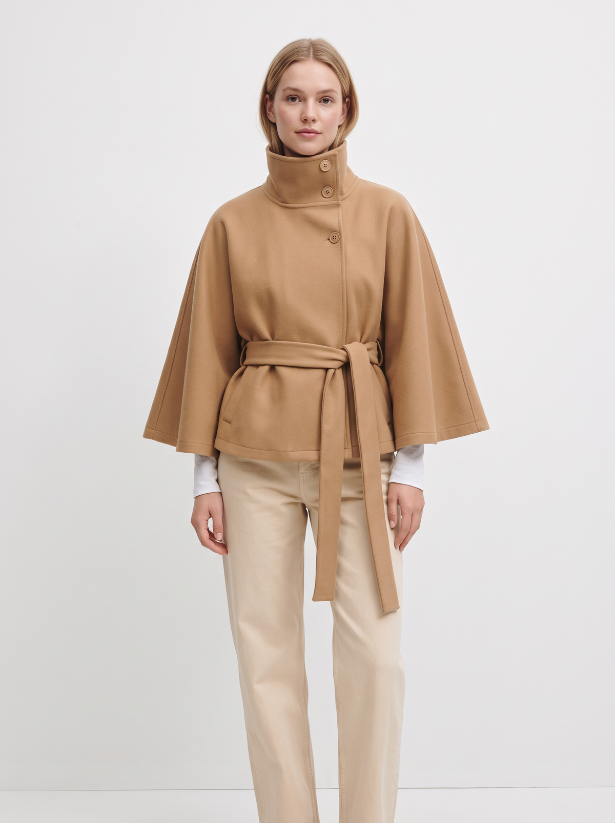 Belted Cape Coat with Stand Collar in Khaki