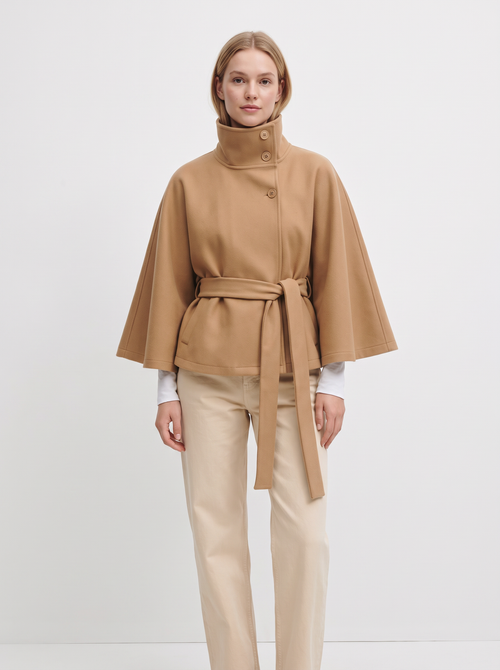 Belted Cape Coat with Stand Collar in Khaki