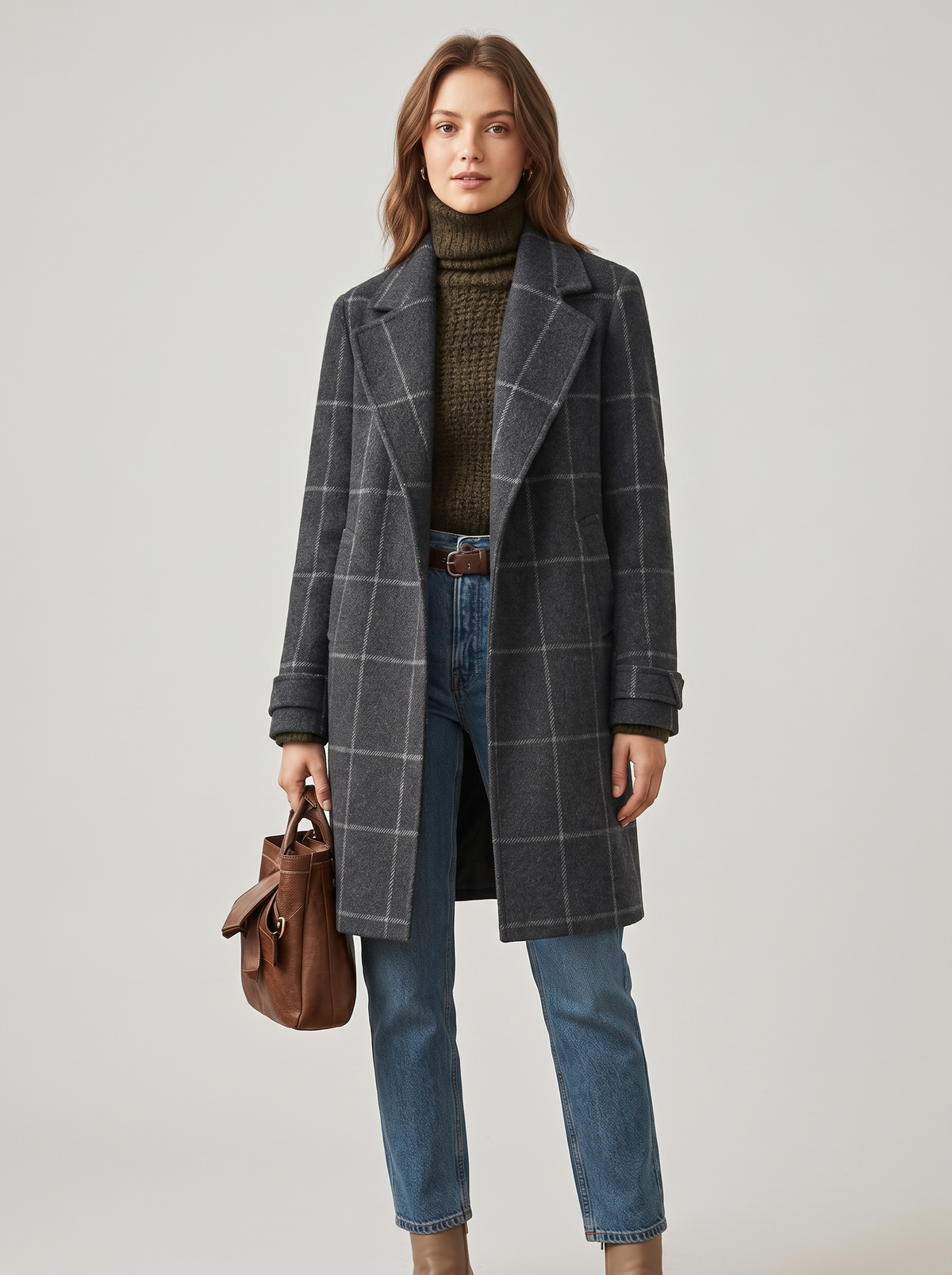 Windowpane Check Coat with Wide Collar in Grey