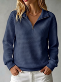 Quilted Texture Half-Zip Sweatshirt with Collar in Navy Blue