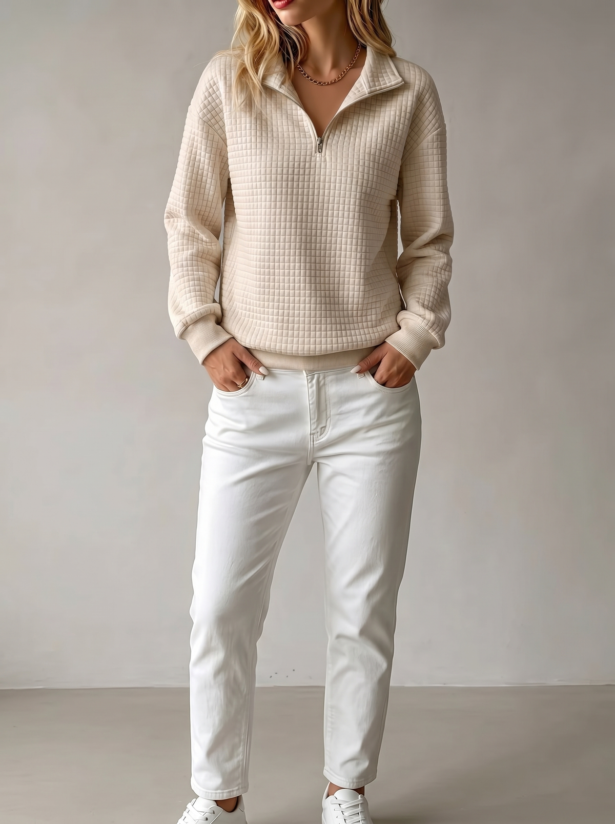 Quilted Texture Half-Zip Sweatshirt with Collar in Beige