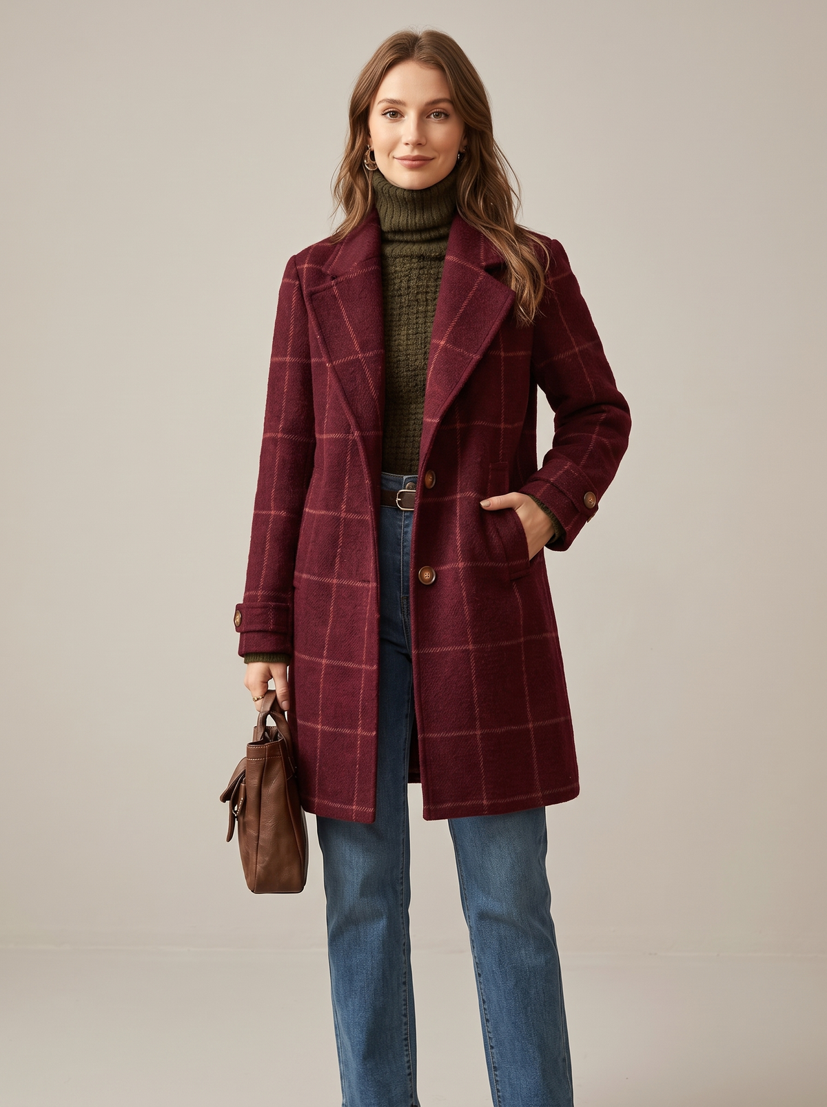 Windowpane Check Coat with Wide Collar in Burgundy