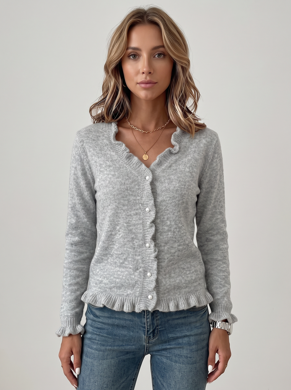 Fine Knit Cardigan with Frill Trim and V-Neck in Grey
