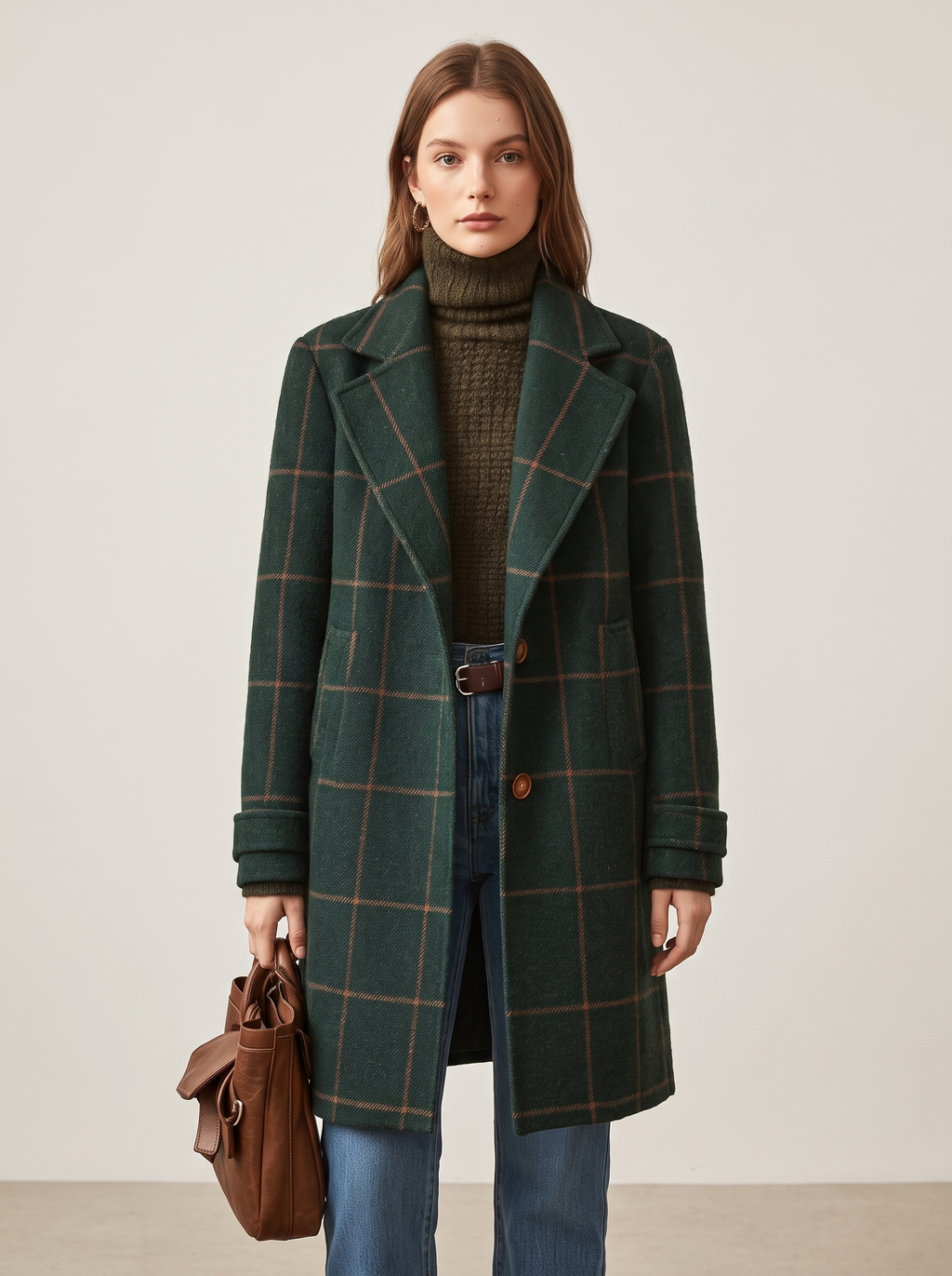 Windowpane Check Coat with Wide Collar in Green