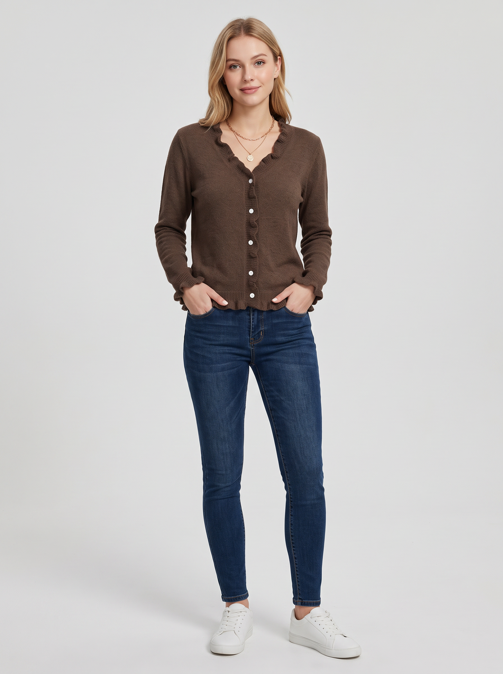 Fine Knit Cardigan with Frill Trim and V-Neck in Brown
