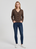 Fine Knit Cardigan with Frill Trim and V-Neck in Brown