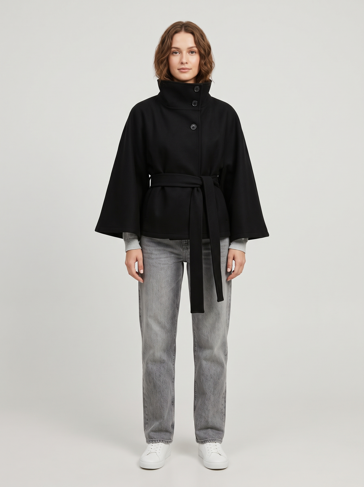 Belted Cape Coat with Stand Collar in Black