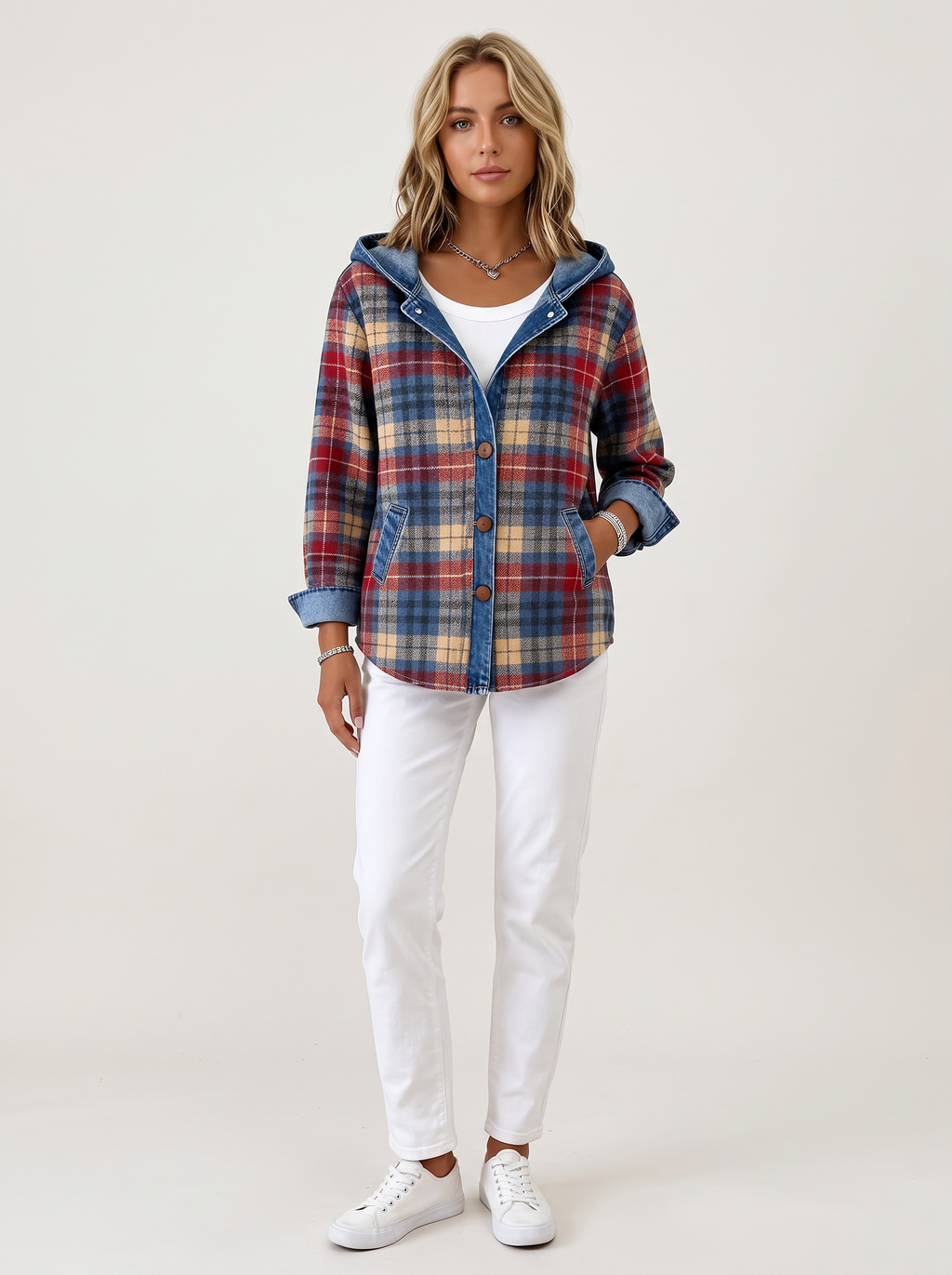 Hooded Plaid Shacket with Denim Trim in Blue