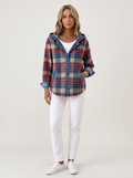 Hooded Plaid Shacket with Denim Trim in Blue