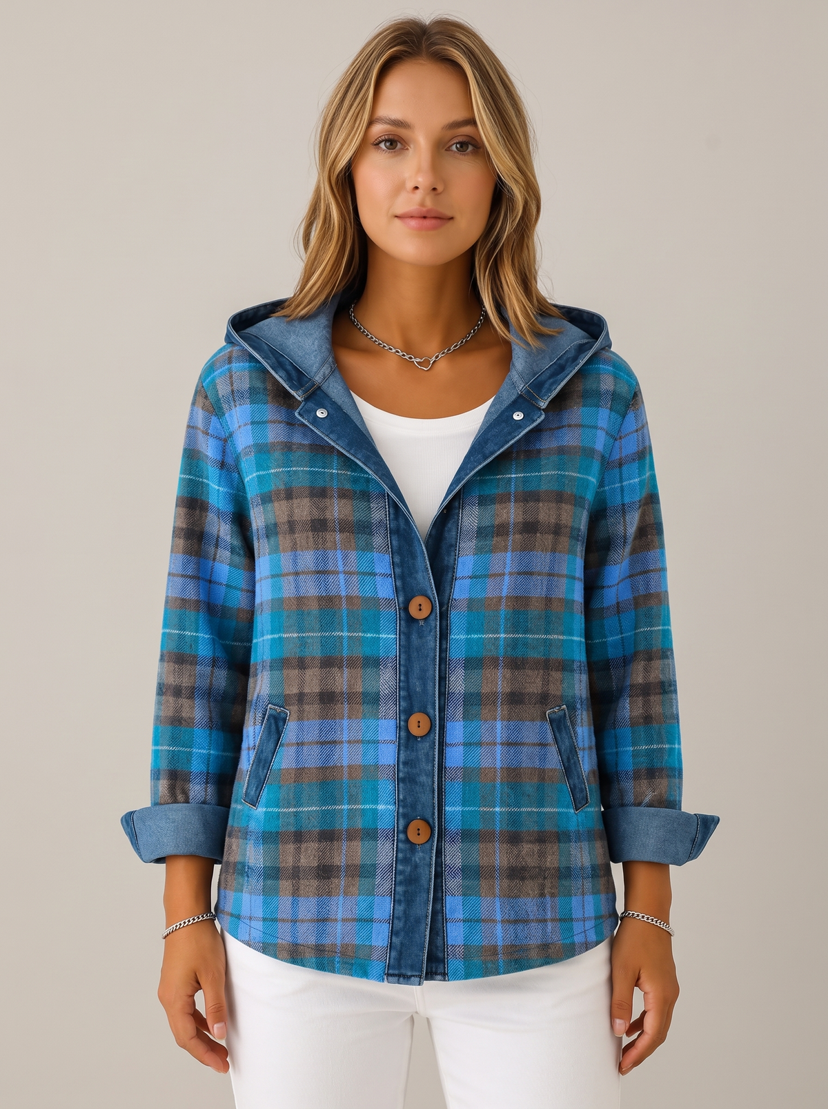 Hooded Plaid Shacket with Denim Trim in Navy Blue