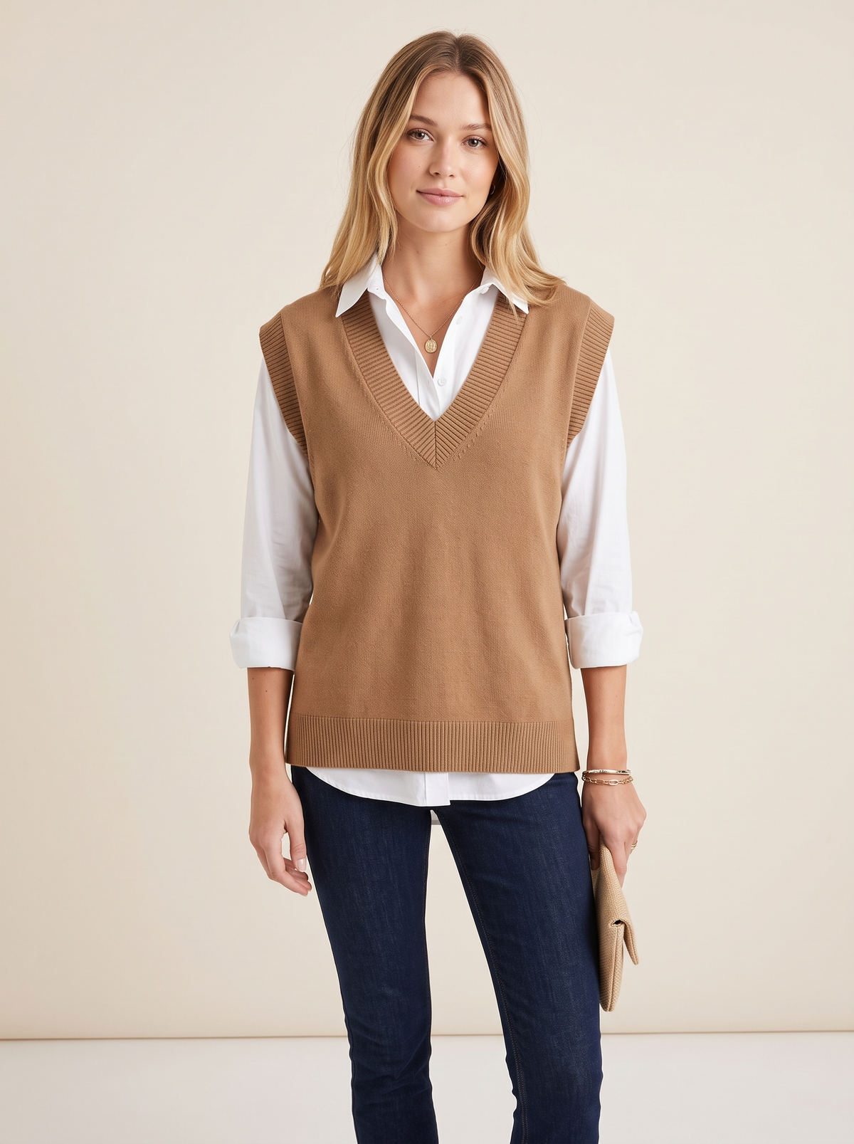 Relaxed Knit Sweater Vest with Deep V-Neck in Brown
