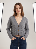 Cropped Cable Knit Cardigan with Horn-Effect Buttons in Grey