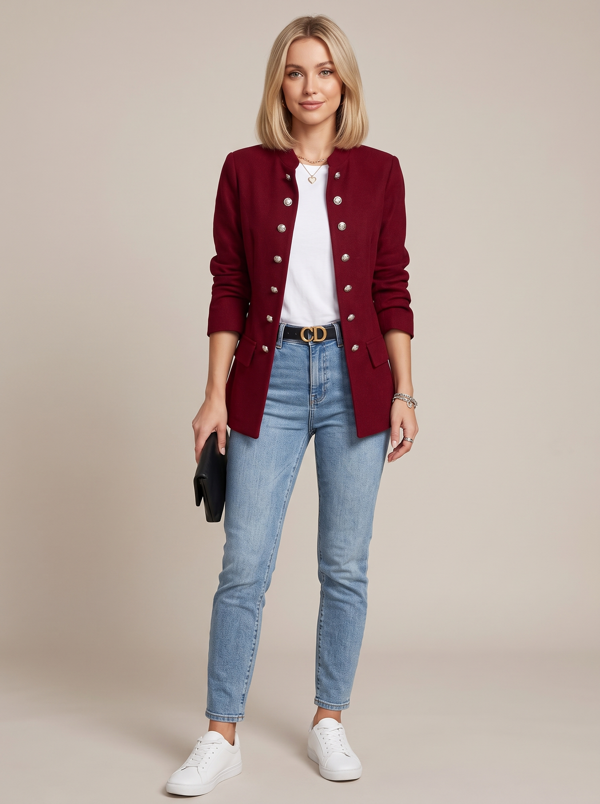 Double-Breasted Blazer with Silver Buttons and Open Front in Red