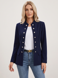 Double-Breasted Blazer with Silver Buttons and Open Front in Navy Blue