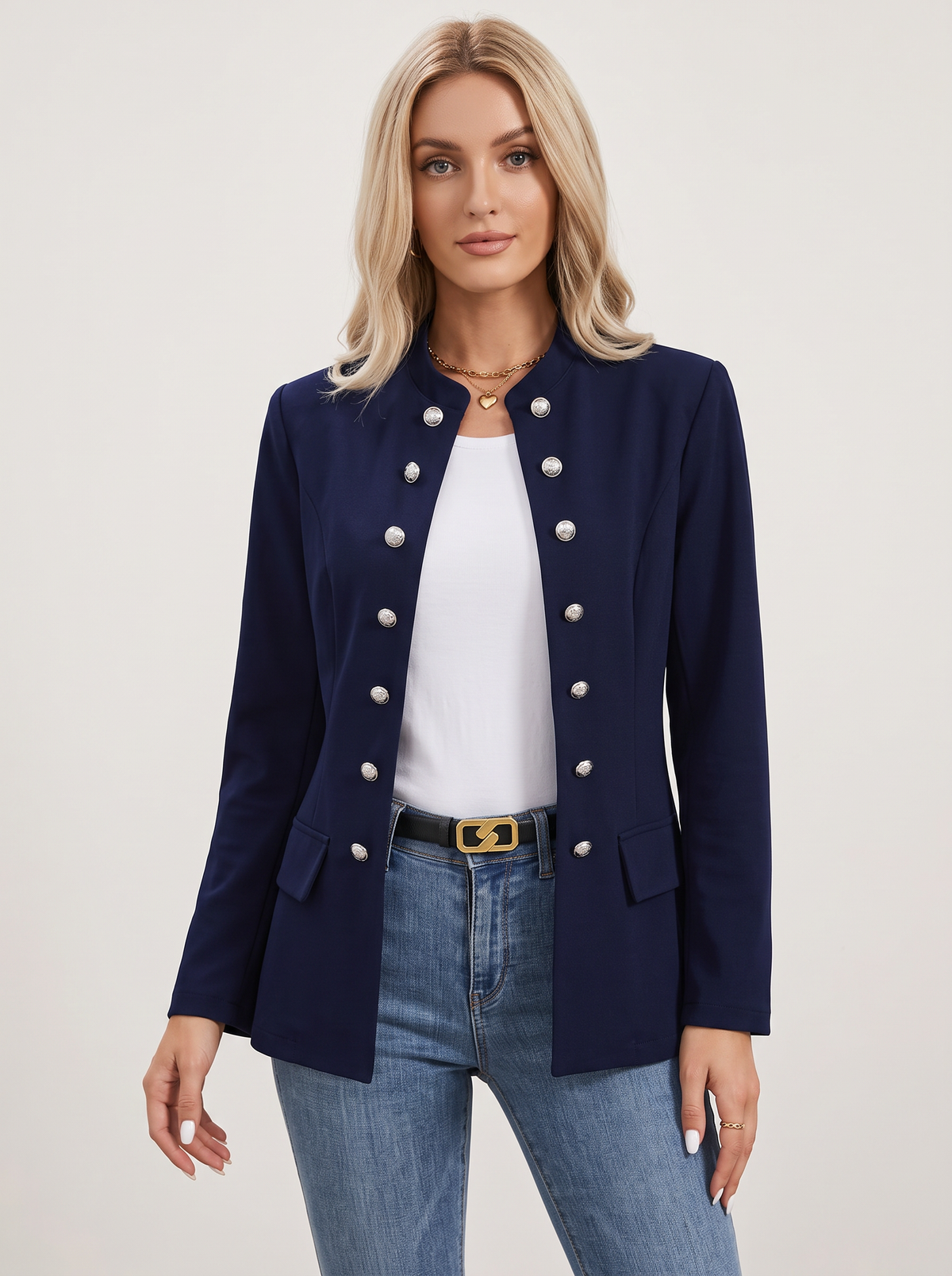 Double-Breasted Blazer with Silver Buttons and Open Front in Navy Blue