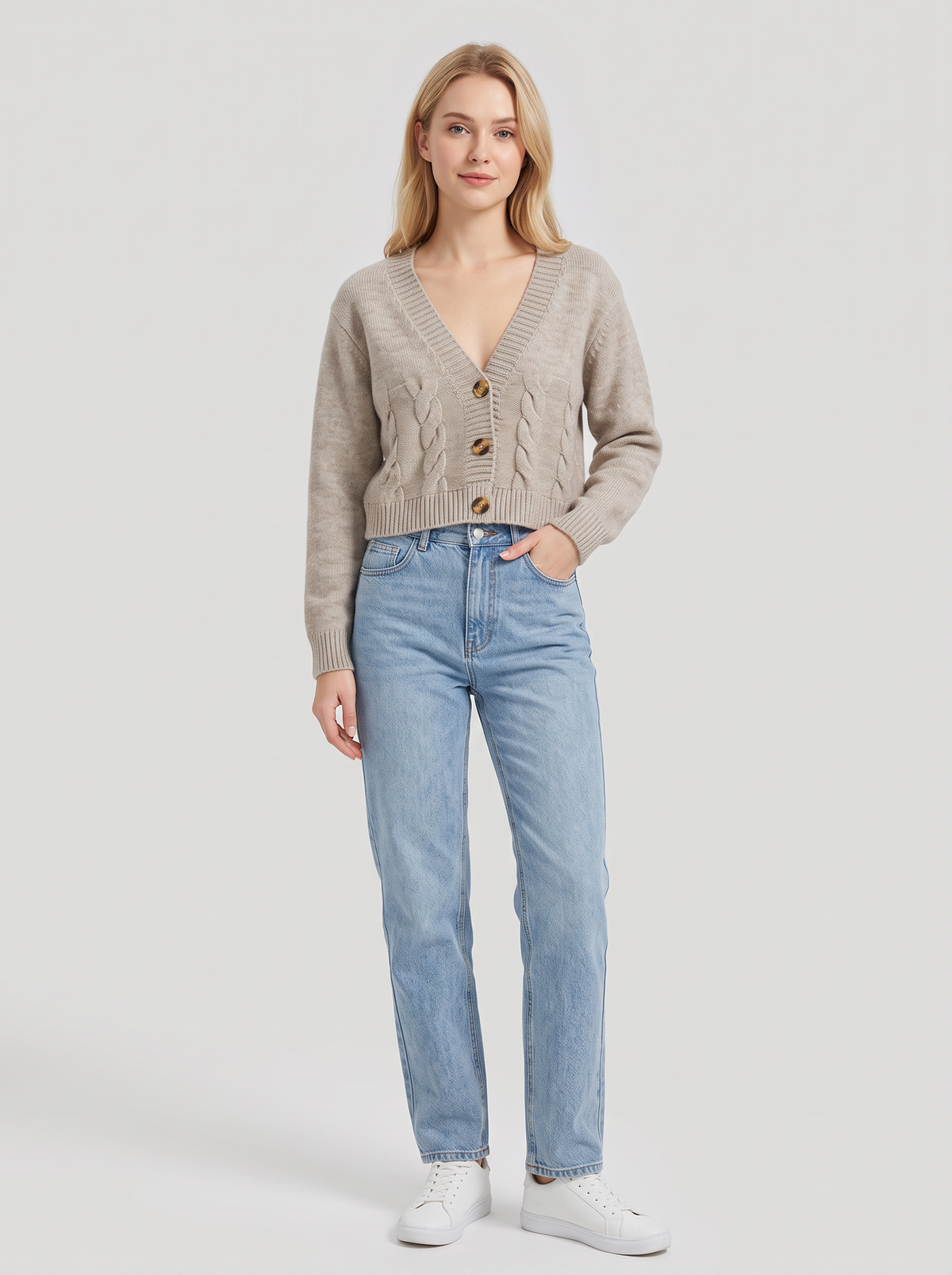 Cropped Cable Knit Cardigan with Horn-Effect Buttons in Oat Beige