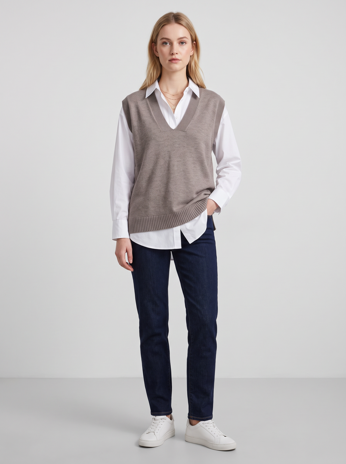 Relaxed Knit Sweater Vest with Deep V-Neck in Grey